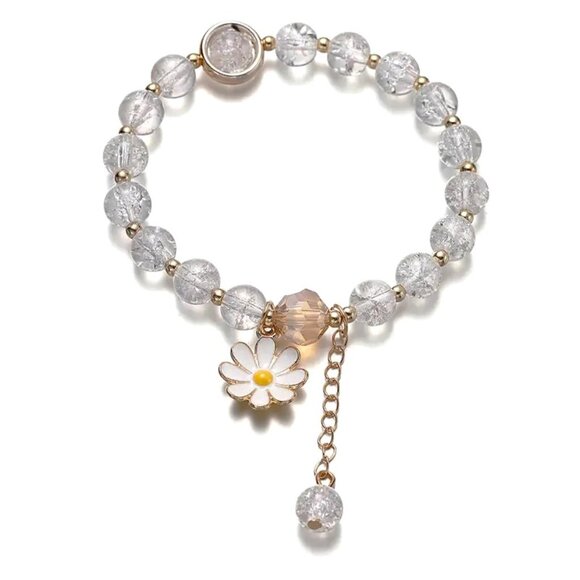 Daisy Bead Bracelet Minimalist Dangle Charm Stretchy Gold White Y2K Flower - Picture 1 of 2